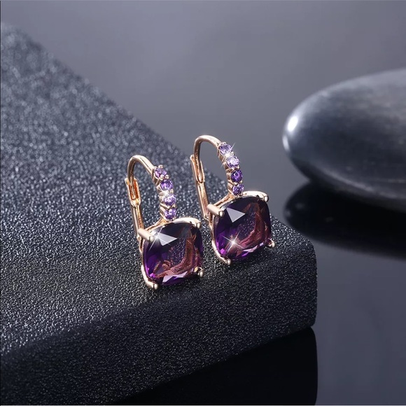New Women’s Yellow Gold Plated Amethyst Earrings - Picture 3 of 3